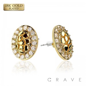 PAIR OF 18K GOLD PLATED MULTI CZ GEMS OVAL INGOT CENTERED NUGGET EARRINGS